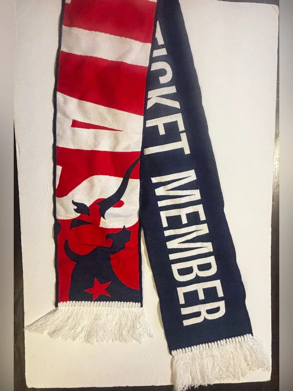 Red and White Striped Scarf with Navy Lettering